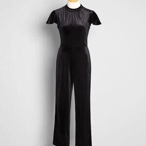 Mod Cloth Women's Shine With Me Velvet Jumpsuit XS Black Flutter Sleeve